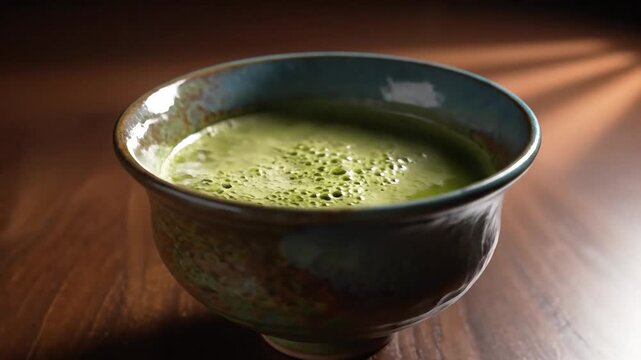 Vibrant green matcha tea in a textured ceramic bowl, on a wooden table, with beautiful light.