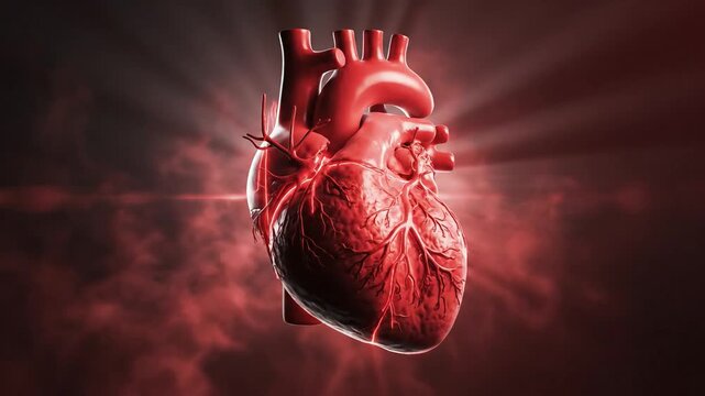 Detailed anatomical 3D model of a human heart, illuminated with a radiant glow.