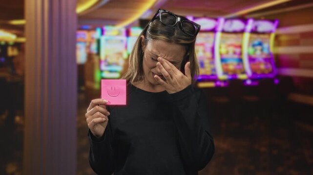 Woman holding pink sticky note with smiley while rubbing her eyes in casino building; stress regret.