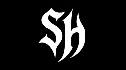 Naklejka premium Elegant white gothic style 'SH' monogram design on a plain black background, ornate, abstract, calligraphic, typography concept.