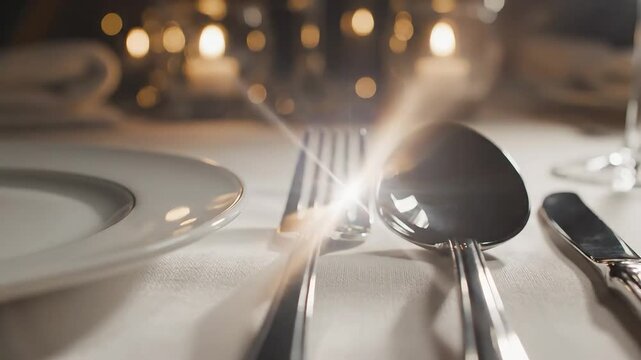 Close-up of a formal dinner table setting with shining cutlery and a white plate.