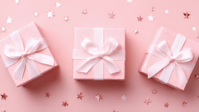 Birthday celebration theme for party event. Three pink gift boxes adorned with white ribbons and bows, set against a pastel pink background. Small, starshaped decorations adorn the boxes.