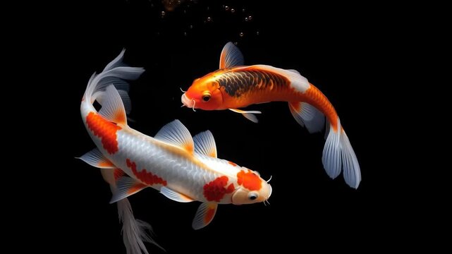 Top-down video capture of two koi fish swimming gracefully against a black background, highlighting their vibrant colors and fluid motion. Live desktop wallpaper.