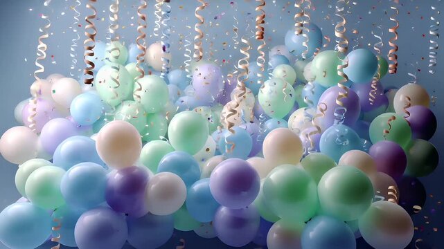 Birthday celebration theme for party event. A vibrant and festive scene with a multitude of balloons of various colors and confetti, creating a celebratory atmosphere. The balloons are animated.