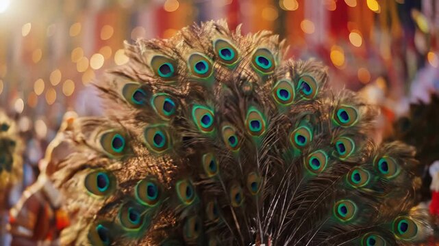 Close up of a Peacock's Fan Tail Display with Colorful Ocelli and Blurred Festive Background Lighting and People in Traditional Attire