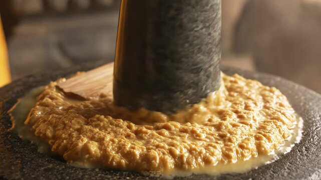 Close Up of Traditional Stone Grinding of Spices or Herbs Releasing Rich Aroma and Texture