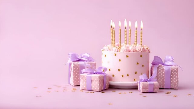 Birthday celebration theme for party event. A festive birthday scene with a pink cake adorned with lit candles and presents surrounding it, set against a soft pink background.