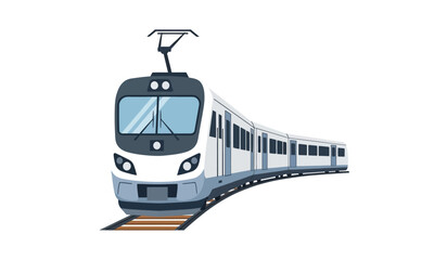 A modern white and gray subway train traveling on tracks with a sleek design and large windshield © rsvect02