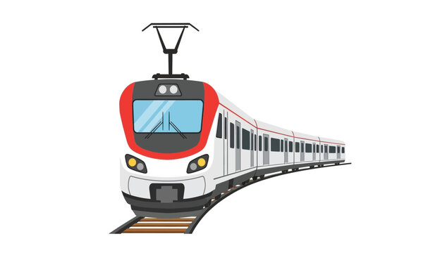 A white and red train traveling on train tracks with a black and yellow light on the front