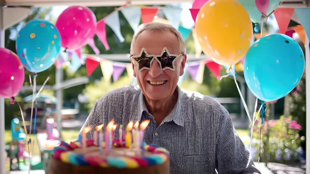 Birthday celebration theme for party event. A man wearing sunglasses and smiling while holding a birthday cake adorned with lit candles, surrounded by colorful balloons, decorative flags.