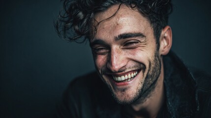 Obraz premium Close-up portrait of a joyful young man with curly hair laughing on dark background