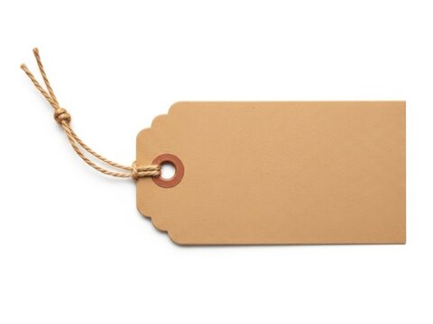 A plain kraft paper tag tied with a twine string against a white background