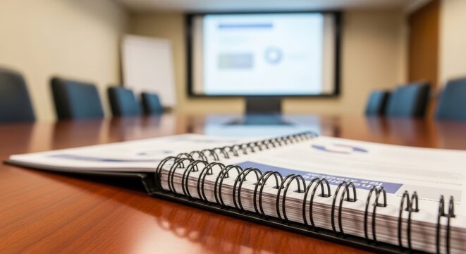 Conference Room Meeting Presentation With Open Notebook on Table