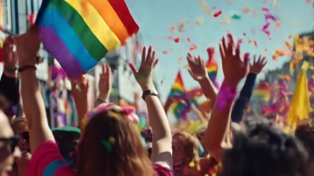 Lgbt pride celebration in the city with colorful flags and joyful crowd waving hands in the air