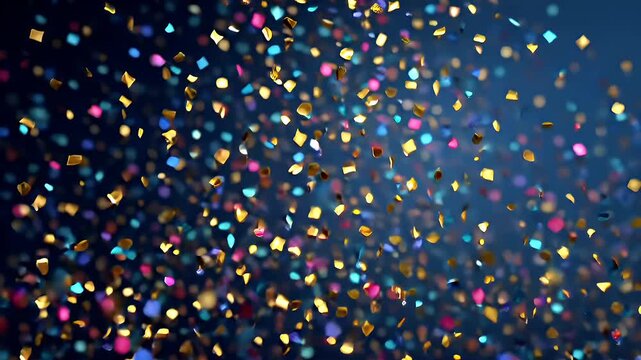 Birthday celebration theme for party event. A vibrant, abstract background of multicolored confetti falling from the sky, creating a mesmerizing and festive atmosphere.