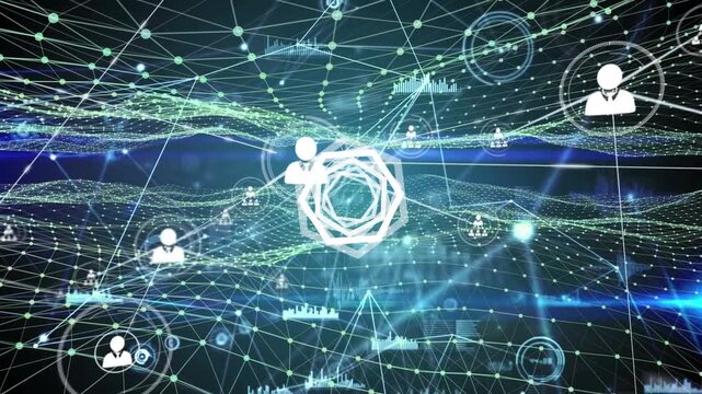 Animation of geometrical shape over network of connections on dark background