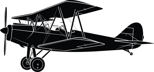 Vintage biplane vector silhouette, classic retro propeller airplane isolated on white background, antique aviation icon for logo design and aircraft history © KRISNARANI