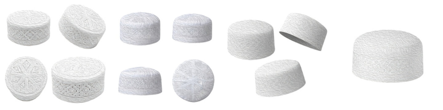 Collection of Kufi and Topi Cap Set, Traditional Islamic Prayer Headwear, Cultural and Religious Skullcap Accessories isolated on white transparent PNG background