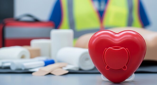 First aid kit with CPR mask and medical supplies emergency response