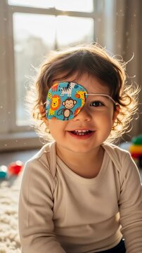 Happy kid with animal print eye patch playing in sunny room. Child using treatment for amblyopia during vision correction therapy. Ophthalmology concept. Vertical video