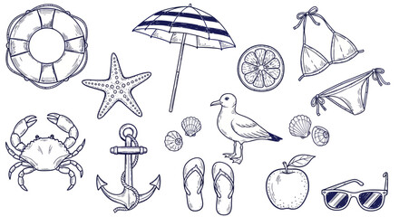 A collection of nautical and summer elements including a crab, seagull, and beach accessories illustrated in a simple line art style © Steven