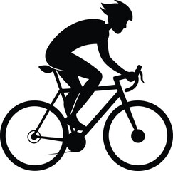 Obraz premium Detailed black silhouette of a male cyclist wearing a helmet and riding a road bike in a fast racing pose, flat vector art