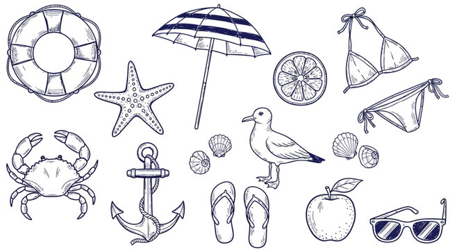 A collection of nautical and summer elements including a crab, seagull, and beach accessories illustrated in a simple line art style