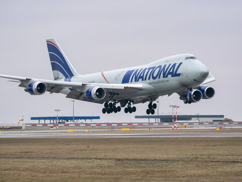 PRAGUE, CZECH REPUBLIC &ndash; February 10, 2026: National Airlines Boeing 747 cargo plane approaching runway for landing at airport.