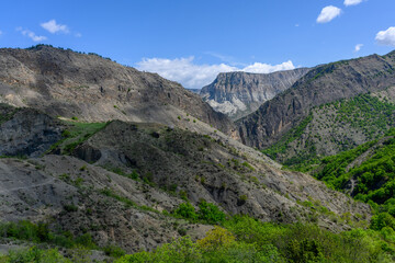 Naklejka premium Mountainous Landscape Under Blue Sky. Dagestan Russia.
