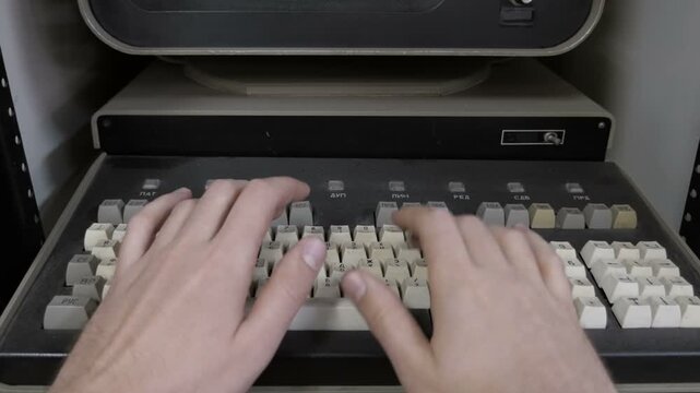 Closeup Man Hands Typing On Old Vintage Computer In Office