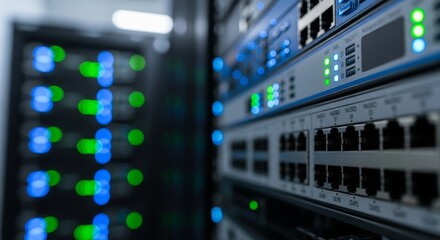 Fototapeta premium Network server rack with glowing lights in a modern data center environment