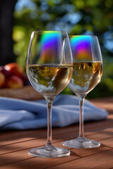 Obraz premium Sunlight shines on two wine glasses on a table with apples nearby