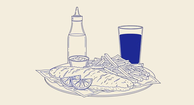 A plate of fish and chips with a bottle and a glass of blue drink viewed from above