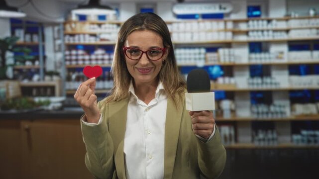 Woman reporter smiling holds microphone and small red heart in pharmacy; compassion health outreach.