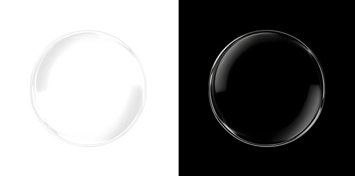 Realistic Glass Bubble and Dark Glossy Bubble Sphere Isolated (Transparent or Black Background Overlay)