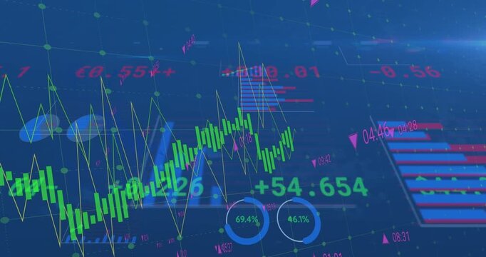 Animation of digital graphs and numbers moving over blue background