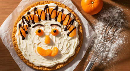 playful fruit pizza styled like a 1950s homemaker dream, featuring a golden-brown shortbread crust smothered in a velvety cream cheese spread,