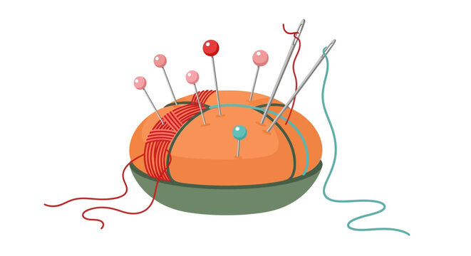 Sewing accessories and threads arranged on a pincushion, showcasing needlework tools in a crafting setup, viewed from directly above