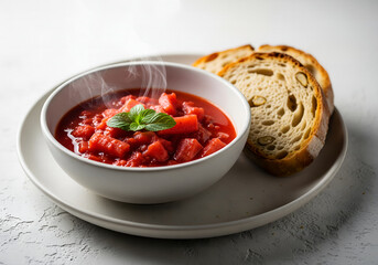 Rhubarb Stew & Crispy Breadnut Bread ., on sold white background