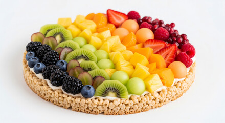 rice krispie fruit pizza ., on sold white background