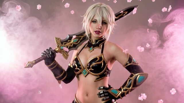 Stunning blonde cosplayer in ornate black-and-gold fantasy armor with huge sword, surrounded by falling pink cherry blossoms and misty backdrop