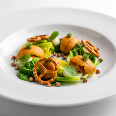 Sea Urchin, Boiled Leaf Lettuce & Crispy Buckwheat Pretzel ., on sold white background,