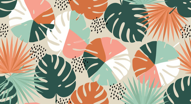 Vibrant tropical leaves pattern with monstera and palm in diverse colors and shapes overhead view