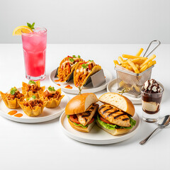 Drink - Pink lemonade Appetizer - Chicken wonton tacos Main course - Zesty chicken sandwich Side - Fries Dessert - Hot fudge sundae shooter, on sold white background