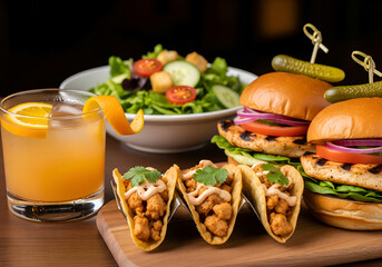 Drink - Orange twist Appetizer - Chicken wonton tacos Main course - Zesty chicken sandwich Side - House salad Dessert - Triple chocolate meltdown., on sold white background