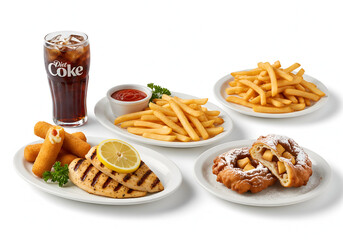 Drink - Diet coke Appetizer - Mozzarella sticks Main course - Cedar grilled lemon chicken Side - Fries Dessert - Apple fritter., on sold white background