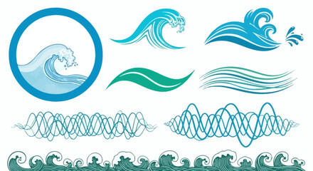 Collection of blue wave illustrations in various styles and forms, showcasing dynamic movement and fluidity in a clean and modern design