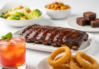 Drink - Diet mountain dew Appetizer - Caesar salad Main course - Half rack double-glazed baby back ribs Side - Onion rings Dessert - Brownie bite ., on sold white background