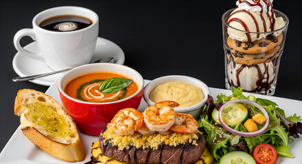 Drink - Decaf coffee Appetizer - Tomato basil soup Main course - Shrip and parmesan sirloin Side - House salad Dessert - Chocolate chip cookie sundae., on sold white background