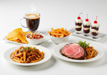 Drink - Brewed coffee Appetizer - Salsa & chips Main course - Penne pasta with sliced prime rib Side - Fries Dessert - Hot fudge sundae shooter, on sold white background